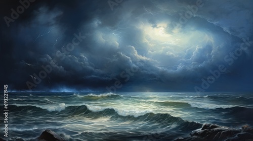  a painting of a storm in the ocean with a full moon in the sky above the ocean waves and birds flying in the sky above the water and on the water. photo