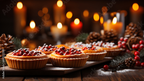 Torta di zucca farcita con panna su un tavolo tipicamente invernale con candele accese