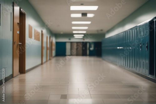 High school hallway with lockers Education classroom entrance Hospital office empty building