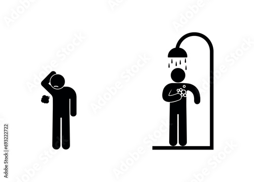man in shower icon, sweaty people illustration