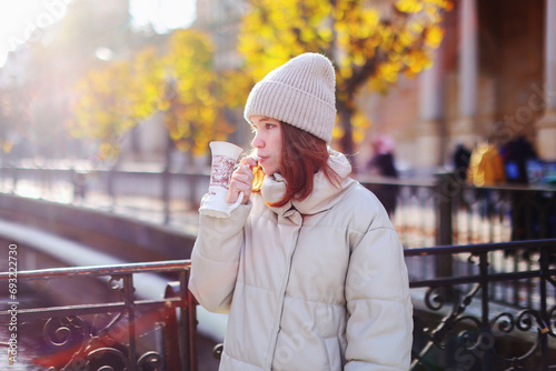Canvas Print girl drink mineral water in resort town Karlovy Vary