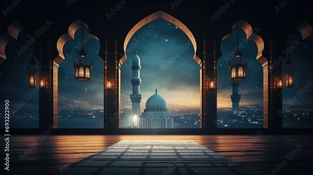 Islamic Mosque interior with arches and view to other Mosque at night time with moon light - obrazy, fototapety, plakaty 