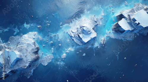 Aerial top view of frozen rocks in Antarctica, ocean water, ice and glacier. Antarctic landscape with islands, snow and icebergs. Concept of sea, nature, winter, background photo