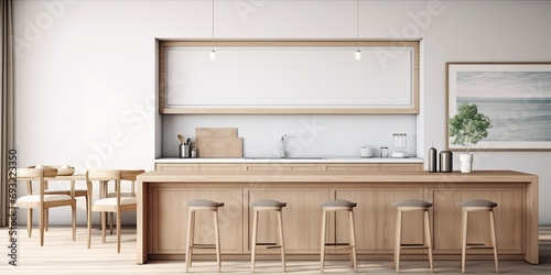 White kitchen with bar, light wood furniture, framed poster on wall. , mock-up.