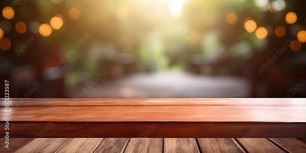 Empty brown wooden table with blurred background for photomontage or product display.