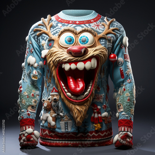 An ugly xmas sweater featuring a crazy reindeer character photo