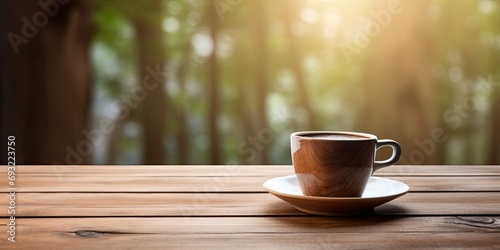 Coffee cup on wooden table indoors with space for text.