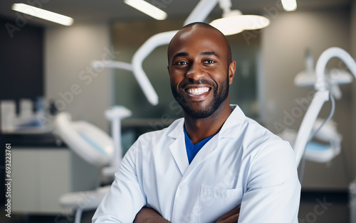 Handsome black-skinned male doctor posing at newest dental clinic, copy space photo
