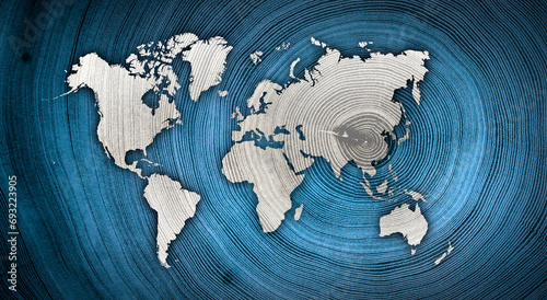 World map and Asia China in the center of global expansion on blue textured background photo