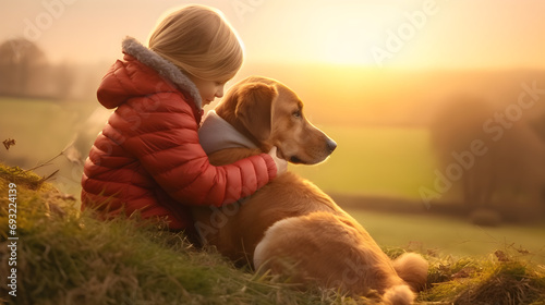 Sunset Companions: Serene Moment with Young Girl and Dog Overlooking Meadow Horizon - Tranquil Nature, Friendship, Golden Hour Beauty, Peaceful Scenery, Back View, Child and Pet Bonding