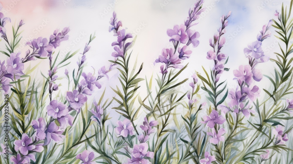 Naklejka premium a painting of a bunch of purple flowers on a white and pink background with a blue sky in the back ground and a few clouds in the sky above it.