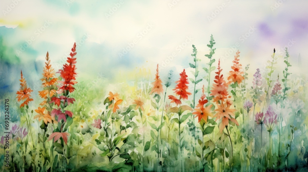  a painting of a field of flowers with a blue sky in the back ground and clouds in the sky in the back ground and a painting of a field of flowers in the foreground.