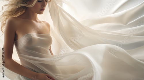  a beautiful blonde woman in a white dress with a flowing white fabric over her shoulder and her hair blowing in the wind, in front of a white background is a flowing fabric. photo