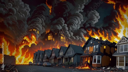 A terrifying inferno engulfs a residential street, with houses ablaze and a massive firestorm cloud above, depicting the horror of a wildfire disaster. photo