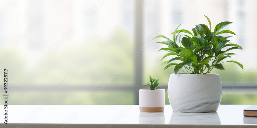 Minimalistic white marble table workplace with supplies and a house plant for displaying products. Minimalistic white marble table workplace with supplies and a house plant for displaying products.