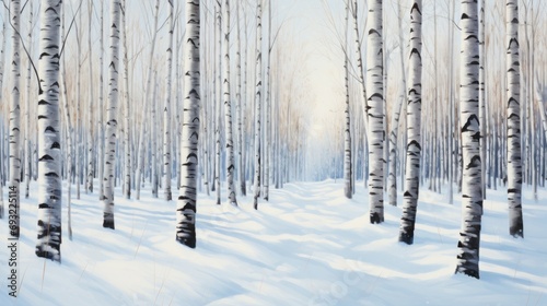  a painting of a snow covered forest with lots of trees in the foreground and the sun shining through the trees on the far side of the trees in the picture. © Olga