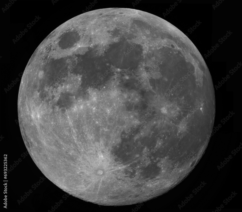 Photograph of the full moon, taken with a camera on a day of a large full moon. Craters, relief and characteristic areas of the moon