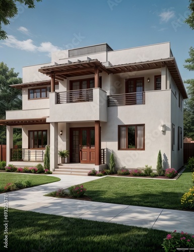 A Contemporary Dwelling with Stylish Architecture  Beautiful Exterior Design  and a Serene Garden Setting. Perfect Family Home in a Residential Neighborhood  Featuring Thoughtful Construction