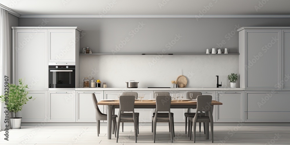 Modern style grey and white kitchen interior with dining table, front view.