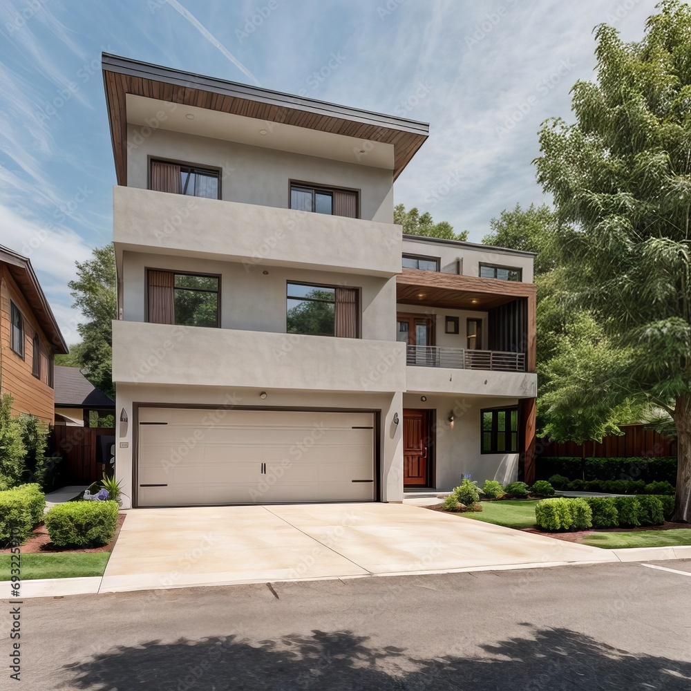 Fototapeta premium A Contemporary Dwelling with Stylish Architecture, Beautiful Exterior Design, and a Serene Garden Setting. Perfect Family Home in a Residential Neighborhood, Featuring Thoughtful Construction