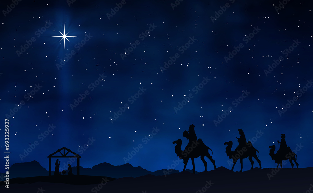 Fototapeta premium Christmas Nativity Scene - Three Wise Mens go to the stable in the desert at night