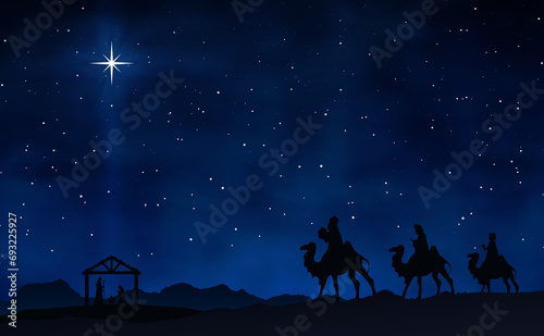 Christmas Nativity Scene - Three Wise Mens go to the stable in the desert at night