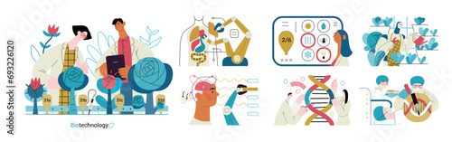 Bio Technology -modern flat vector concept illustration of improving aspects of healthcare, agriculture, environmental sustainability, industrial processes. Metaphor of bridging Science and Nature