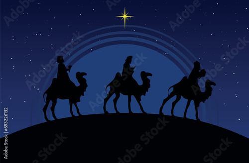 hristmas Nativity Scene - Three Wise Men in the desert at night photo