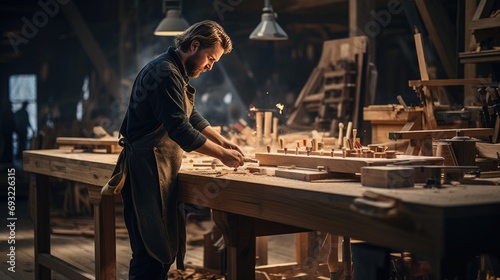 portrait of carpenter man making furniture in workshop with wood