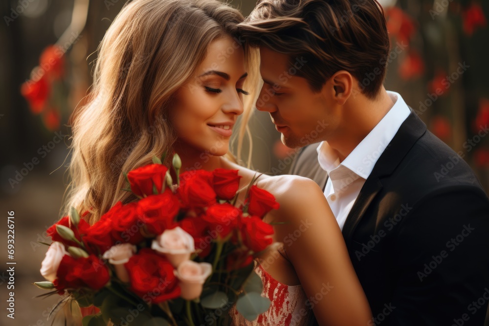 Lovely couple with flowers kissing and hugging on city street Lovely couple with flowers kissing and hugging on city street