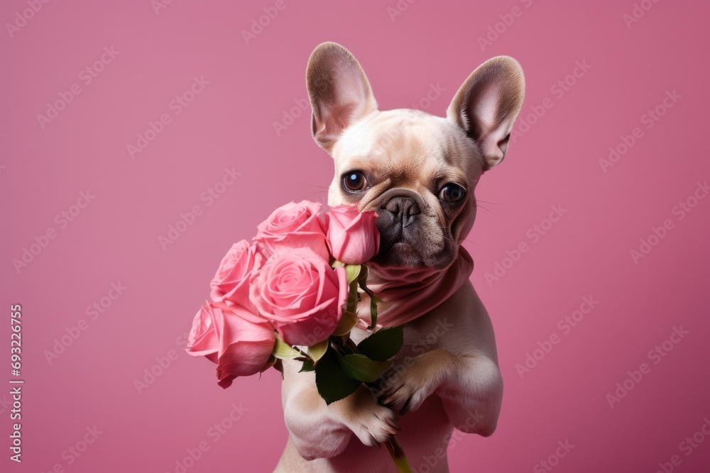 Cute dog with rose flower on valentines day on background
