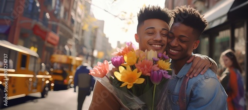 Two lovely men gay couple with present celebrating valentines day photo