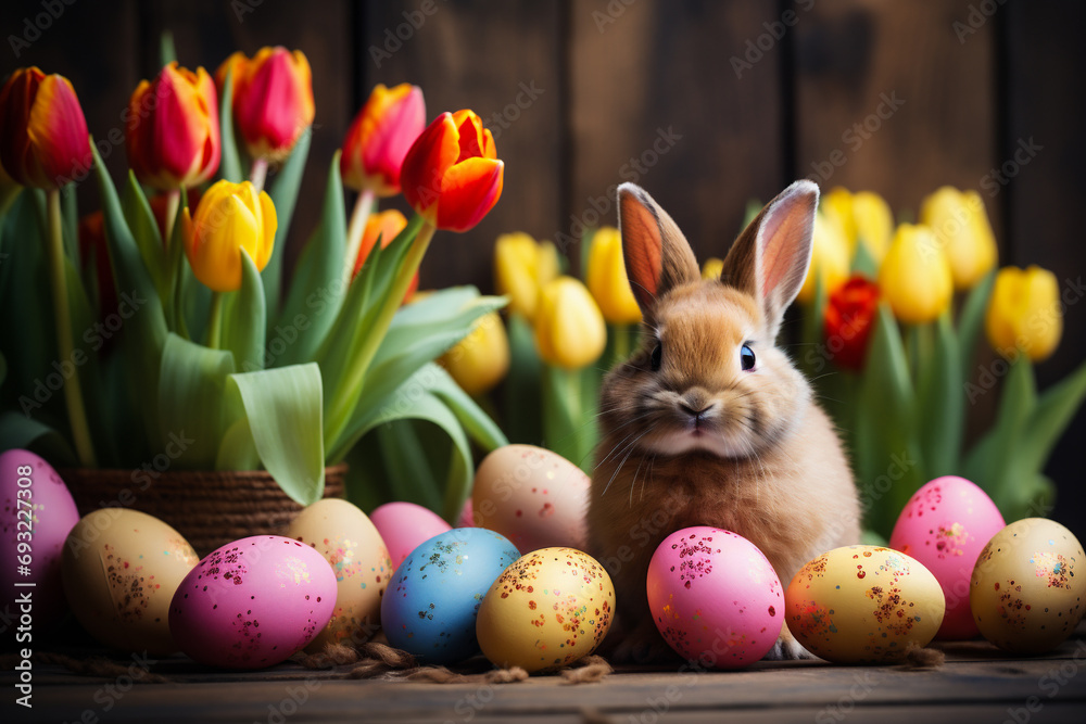 Easter bunny with colorful eggs and tulips on wooden background.