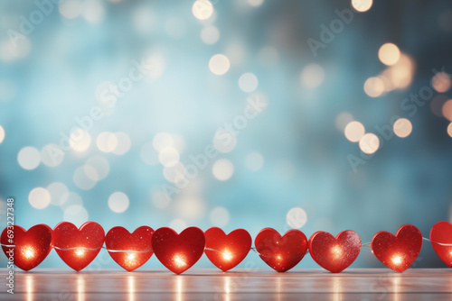 Valentine s day background with red hearts on bokeh background