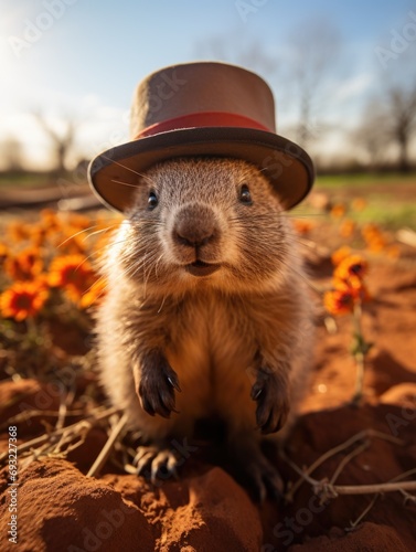 Groundhog Day celebration, with Punxsutawney Phil emerging to predict the weather, an annual tradition in February, anticipating an early spring or extended winter photo