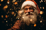 Close-up portrait of a cheerful Santa Claus in a red cap.
