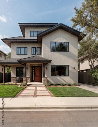A Contemporary Dwelling with Stylish Architecture  Beautiful Exterior Design  and a Serene Garden Setting. Perfect Family Home in a Residential Neighborhood  Featuring Thoughtful Construction