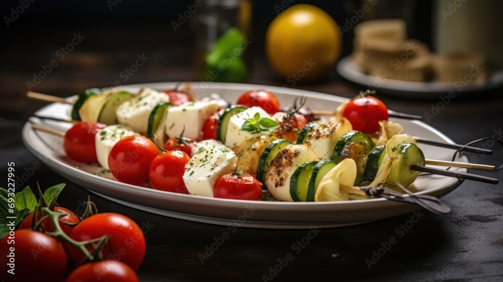  a close up of a plate of food with tomatoes and cucumbers on skewers on a table next to a glass of lemons and a lemon.