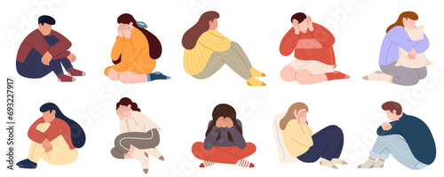 Depressed sad teen characters with psychology problems. Problems stress psychotherapy mental health depression concept