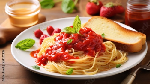  a plate of spaghetti with tomato sauce and bread on a table next to a jar of honey syrup and a glass of tea and a spoon on a wooden table. photo