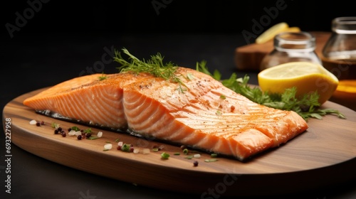  a close up of a piece of fish on a wooden cutting board with lemons and seasoning on the side of the fish and a jar of honey in the background.