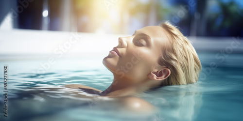A woman relaxing in the jacuzzi of a spa  eyes closed and relaxed in a hot water bath  enjoying her relaxation time  wellbeing  health and bodycare concept