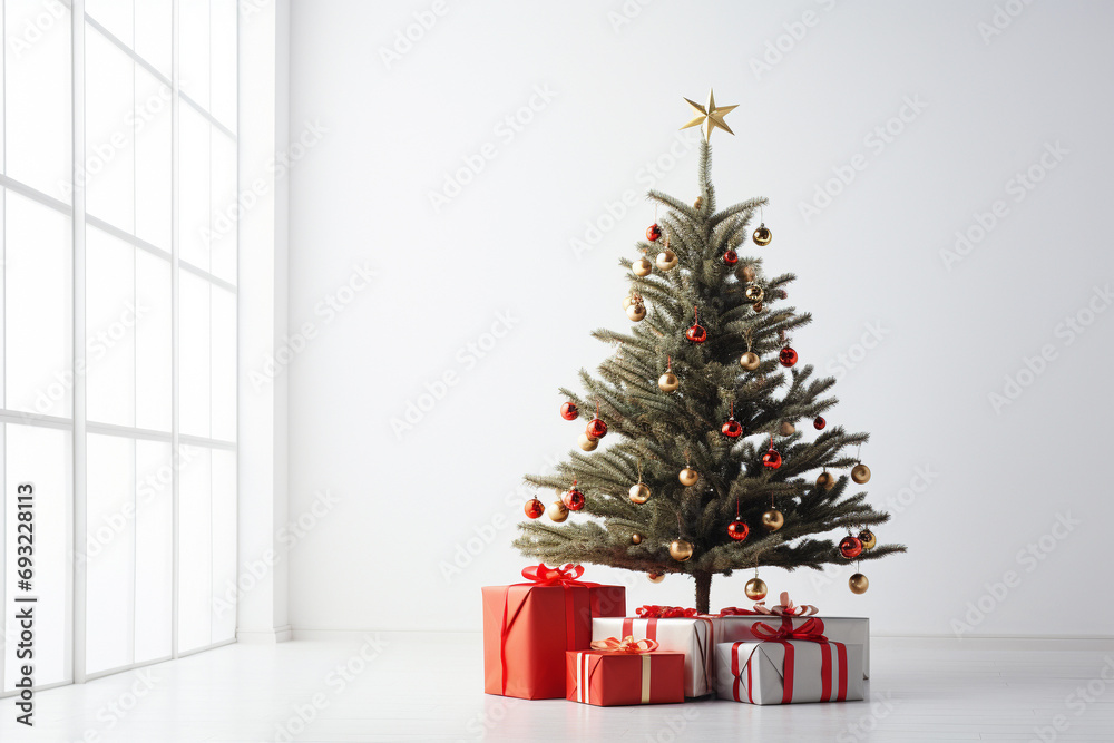 Minimalist Bliss: A Tranquil Scene with a Christmas Tree and Gifts, Capturing the Essence of Holiday Joy in Subtle Elegance Minimalist Bliss: A Tranquil Scene with a Christmas Tree and Gifts, Capturing the Essence of Holiday Joy in Subtle Elegance