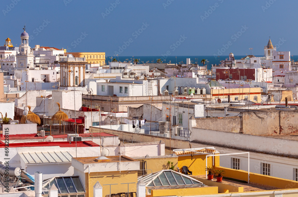 View of the roofs of Cadiz from above on a sunny day.