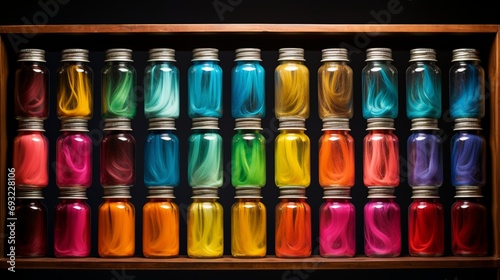 An array of vibrant hair dye bottles arranged artistically, each reflecting a spectrum of vivid colors