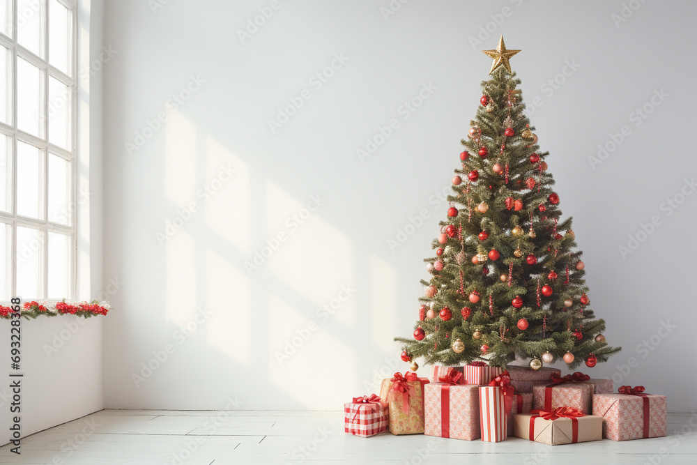 Minimalist Bliss: A Tranquil Scene with a Christmas Tree and Gifts, Capturing the Essence of Holiday Joy in Subtle Elegance Minimalist Bliss: A Tranquil Scene with a Christmas Tree and Gifts, Capturing the Essence of Holiday Joy in Subtle Elegance