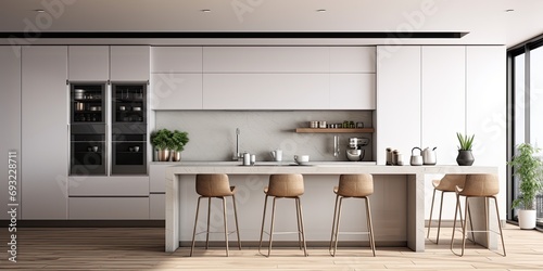 Modern two-storey kitchen with white walls  wood flooring  built-in cooker  and gray island with sink and stools - visualization