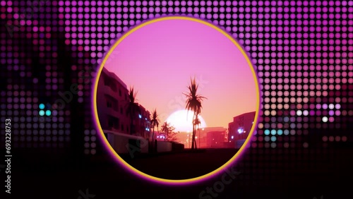 vaporwave stylized graphic animation with small town street with sunset in background. Around circle stylized small dots imprint game pattern overlay photo