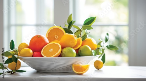  a bowl of oranges, lemons, and limes sits on a table in front of a window with a green leafy branch in the foreground.
