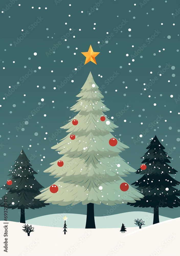 Festive Evergreen: Artistic Illustration of a Christmas Tree, Radiating Holiday Cheer with Joyful Ornaments and Luminous Light